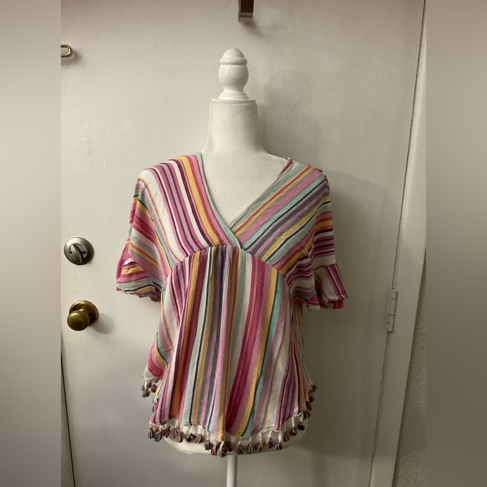 Kori America  Fringed Multi-color Boho Top S Dopamine Costal Cowgirl Festival